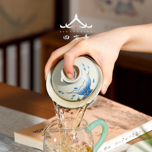四方亭日式茶具套裝景德鎮三才蓋碗功夫茶杯茶碗錦鯉泡茶鯉魚創意