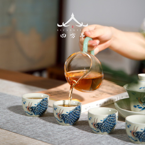 四方亭日式茶具套裝景德鎮三才蓋碗功夫茶杯茶碗錦鯉泡茶鯉魚創意