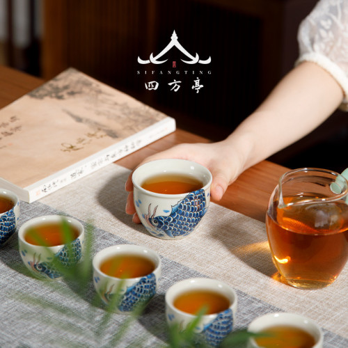 四方亭日式茶具套裝景德鎮三才蓋碗功夫茶杯茶碗錦鯉泡茶鯉魚創意