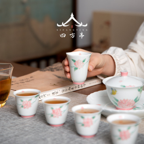 景德鎮手繪茶具套裝手工羊脂玉女士功夫蓋碗茶杯陶瓷輕奢下午茶