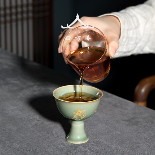 四方亭 青瓷茶杯主人杯陶瓷個人專用高腳杯高足杯景德鎮高級單個