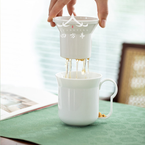 陶瓷茶杯泡茶杯辦公杯白瓷水杯帶蓋杯子茶水分離馬克杯帶手柄過濾