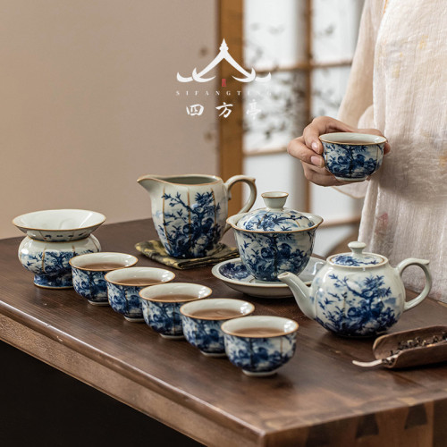 汝窰功夫茶具套裝青花瓷2023新款茶杯茶壺家用蓋碗陶瓷中式景德鎮