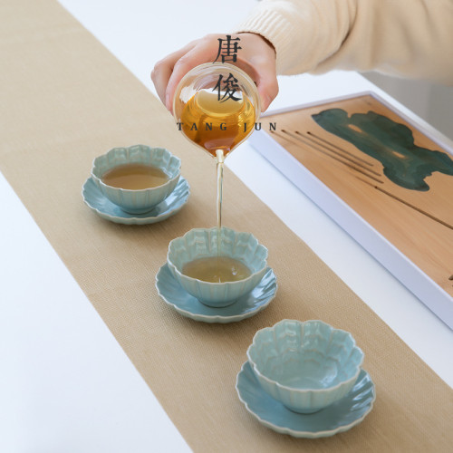四方亭汝窰杯墊青色陶瓷功夫配件月白色茶杯隔熱碟子茶道零配防燙