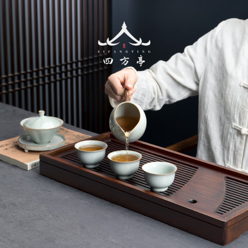 四方亭 茶盤儲水式茶台家用排水茶池現代簡約日式蓄水托盤竹製