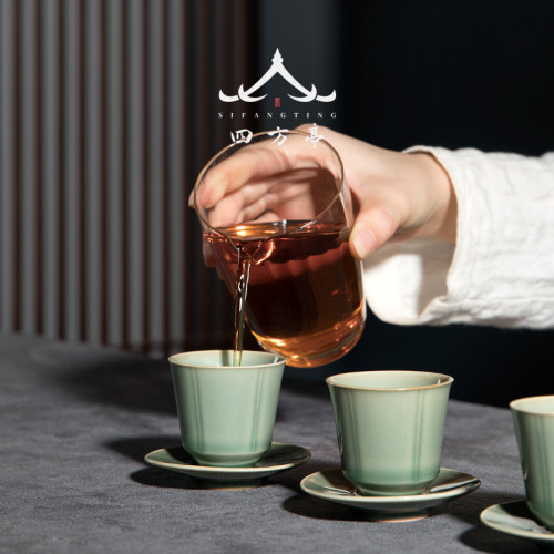 四方亭 青瓷茶具套裝三才功夫斗笠蓋碗茶杯高檔禮盒裝整套家用