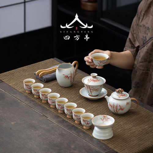 汝窰茶具套裝家用中式辦公室2023新款蓋碗陶瓷功夫茶杯禮盒泡茶