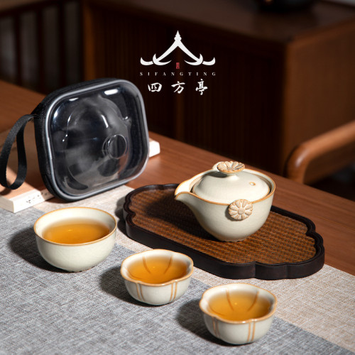 汝窰可攜式旅行茶具套裝汝瓷快客杯一壺一杯茶壺兩杯女士一人