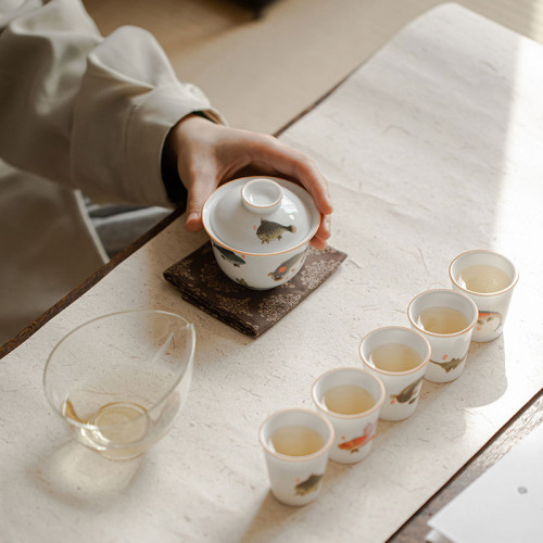 海錯圖主題茶具套裝創意年年有魚新款陶瓷蓋碗茶杯家用輕奢高檔