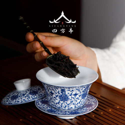 景德鎮蓋碗白瓷單個三才茶碗茶杯薄胎陶瓷茶具套裝青花瓷風