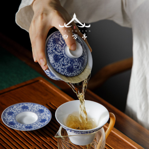 景德鎮蓋碗白瓷單個三才茶碗茶杯薄胎陶瓷茶具套裝青花瓷風