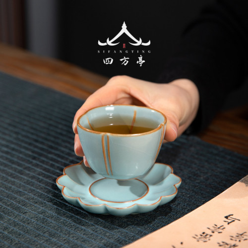 四方亭 汝窰陶瓷茶杯杯墊花型杯托隔熱墊茶道配件日式茶托創意
