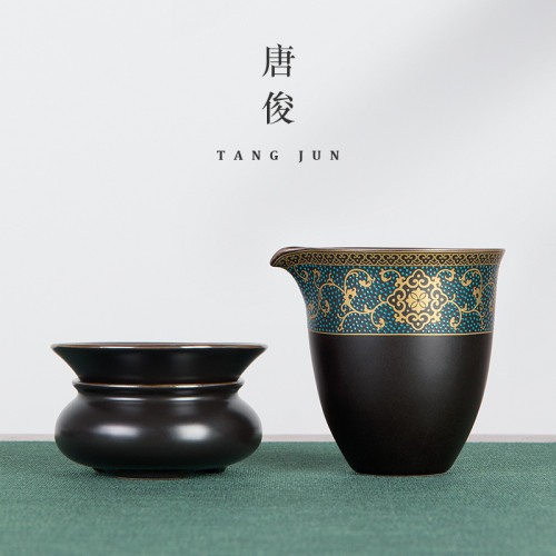 四方亭琺瑯彩公道杯茶漏過濾一體家用茶葉過濾漏器網紗分陶瓷套裝