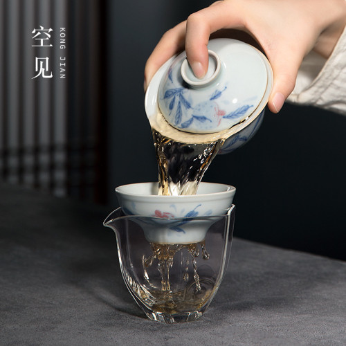 四方亭 景德鎮手繪釉下彩青花茶具套裝輕奢高級泡茶功夫蓋碗茶杯