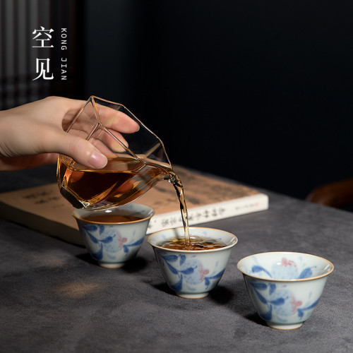 四方亭 景德鎮手繪釉下彩青花茶具套裝輕奢高級泡茶功夫蓋碗茶杯