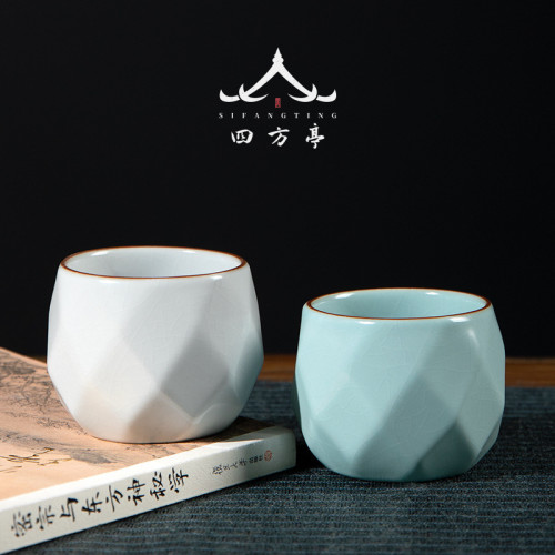 四方亭 汝窰創意茶杯主人杯陶瓷開片功夫茶具單杯個性杯子品茗杯
