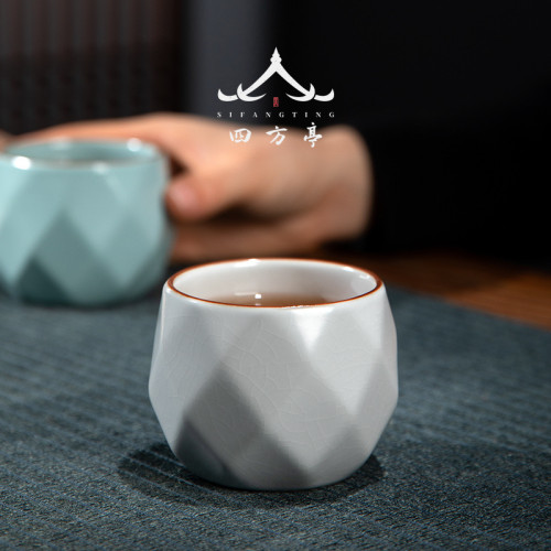 四方亭 汝窰創意茶杯主人杯陶瓷開片功夫茶具單杯個性杯子品茗杯