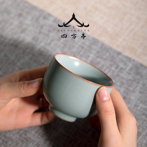 汝窰茶杯大號天青色主人杯冰裂個人專用喝茶開片可養男士