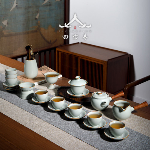 四方亭側把壺汝窰功夫茶具套裝品牌家用高檔輕奢蓋碗一套禮盒茶杯