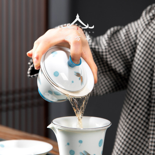 四方亭蓋碗功夫茶具套裝高檔輕奢白瓷家用簡約茶杯羊脂玉高級茶壺