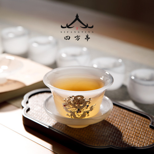 四方亭 功夫茶具套裝高檔輕奢家用玻璃蓋碗茶杯水墨琉璃新款玉瓷