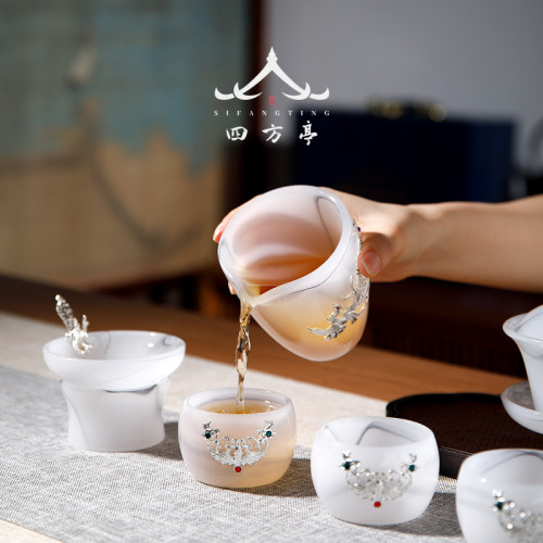 四方亭 功夫茶具套裝高檔輕奢家用玻璃蓋碗茶杯水墨琉璃新款玉瓷