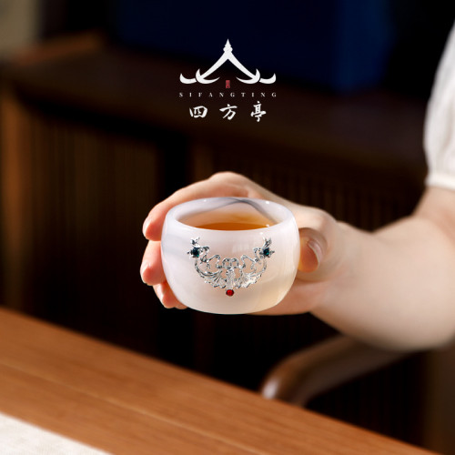 四方亭 功夫茶具套裝高檔輕奢家用玻璃蓋碗茶杯水墨琉璃新款玉瓷
