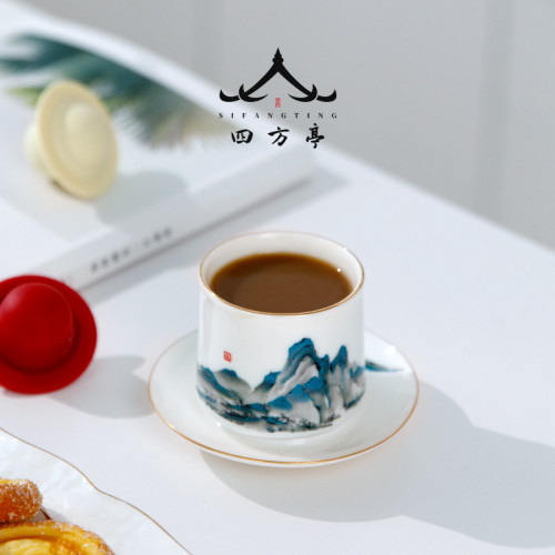 四方亭 千里江山主人杯對杯國潮中式茶杯杯墊禮盒高級陶瓷茶具