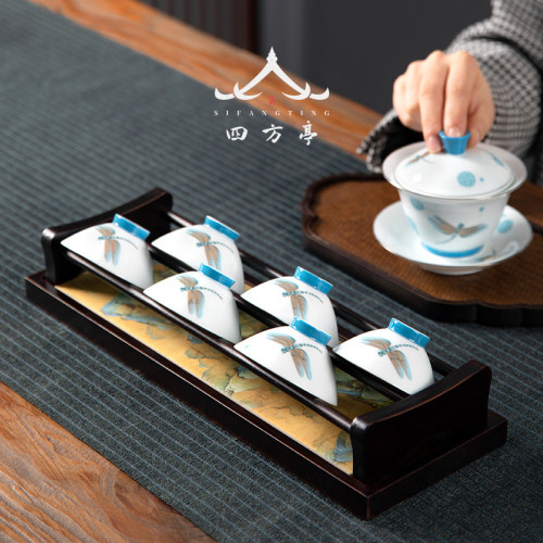 四方亭 斗笠杯6個帶杯架茶杯架子茶具架收納晾杯套裝瀝水茶道配件