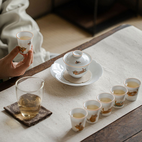 茶具套裝貓咪主題創意新款網紅白瓷蓋碗茶杯套裝家用輕奢高檔可愛