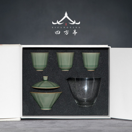 四方亭 斗笠蓋碗套裝一壺三杯小型功夫茶具高檔輕奢旅行裝三才