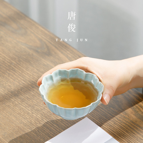 四方亭汝窰大號女士主人杯花瓣茶杯個人汝瓷單杯茶盞陶瓷高檔茶具