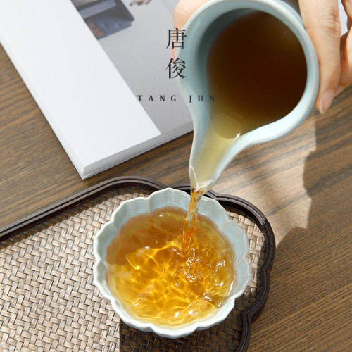 四方亭汝窰大號女士主人杯花瓣茶杯個人汝瓷單杯茶盞陶瓷高檔茶具