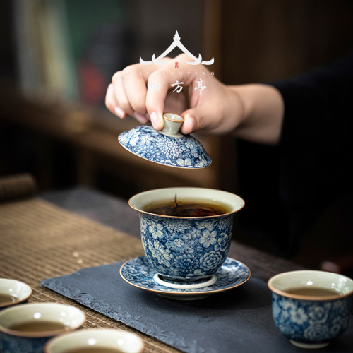 功夫茶具套裝青花瓷輕奢高檔茶杯蓋碗茶壺辦公室會客泡茶2023新款