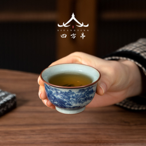 中式復古主人杯山水個人專用陶瓷青花瓷茶具家用茶碗品茗杯景德鎮