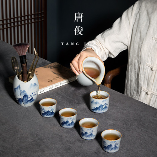 四方亭景德鎮手繪主人杯茶杯陶瓷杯子品茗杯功夫茶具釉下彩手工