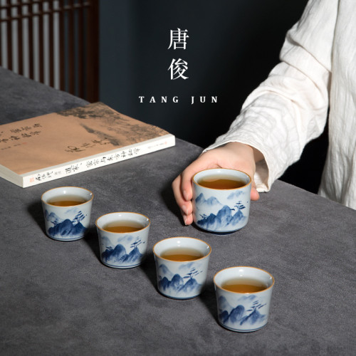 四方亭景德鎮手繪主人杯茶杯陶瓷杯子品茗杯功夫茶具釉下彩手工