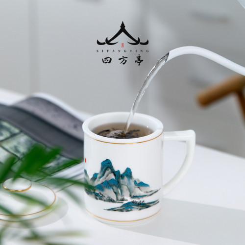 辦公室水杯泡茶杯男士千里江山馬克杯個人杯喝茶陶瓷杯子茶水分離