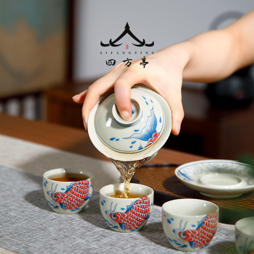 景德鎮三才蓋碗風茶具套裝陶瓷茶碗茶杯泡茶日式紅色可攜式禮盒
