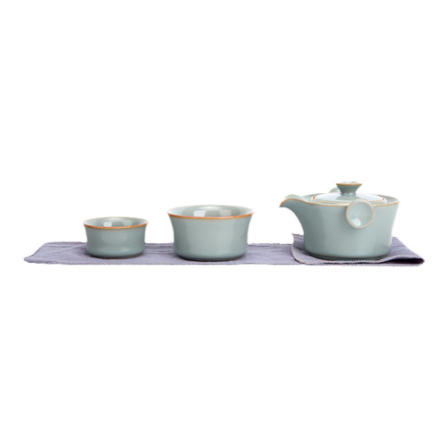 四方亭 汝窰快客杯旅行茶具一壺兩杯戶外喝茶裝備可攜式包陶瓷茶壺