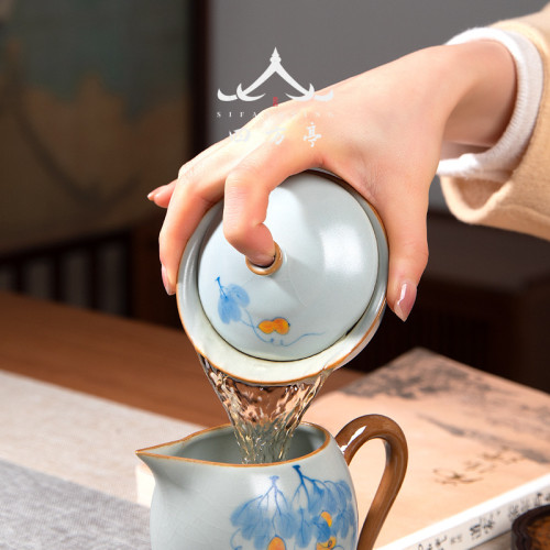 四方亭 景德鎮手繪汝窰茶具套裝天青色手工潮汕功夫茶杯陶瓷蓋碗