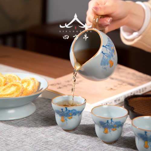 四方亭 景德鎮手繪汝窰茶具套裝天青色手工潮汕功夫茶杯陶瓷蓋碗