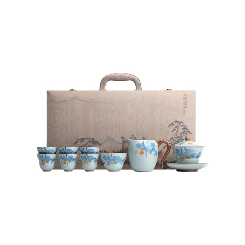 四方亭 景德鎮手繪汝窰茶具套裝天青色手工潮汕功夫茶杯陶瓷蓋碗