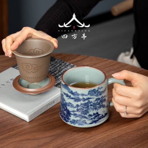 景德鎮青花瓷泡茶杯陶瓷水杯帶手柄茶水分離茶杯男士過濾帶蓋杯子
