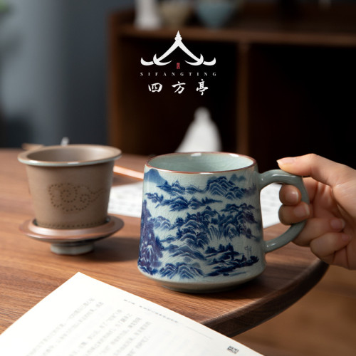 景德鎮青花瓷泡茶杯陶瓷水杯帶手柄茶水分離茶杯男士過濾帶蓋杯子