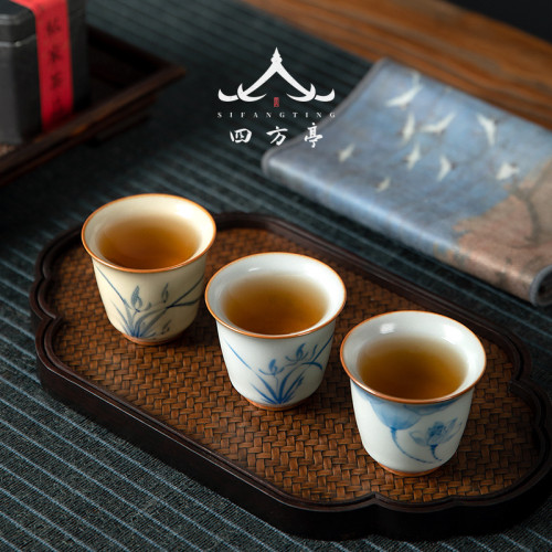 復古中式景德鎮開片單杯女主人杯陶瓷茶杯茶具品茗杯茶盞蘭花汝窰