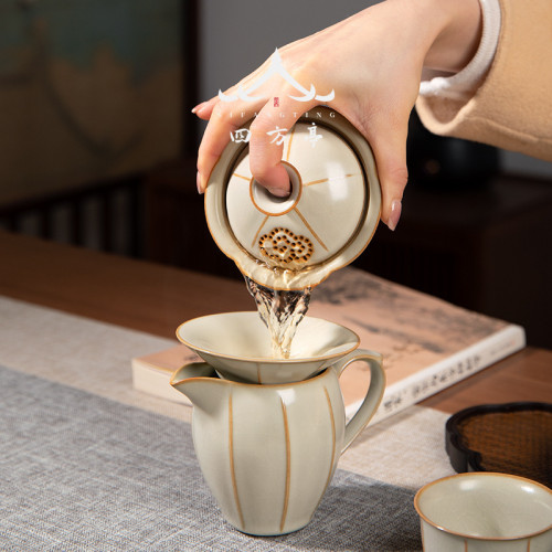 四方亭 汝窰功夫茶具套裝高檔輕奢防燙蓋碗茶壺家用客廳茶杯泡茶
