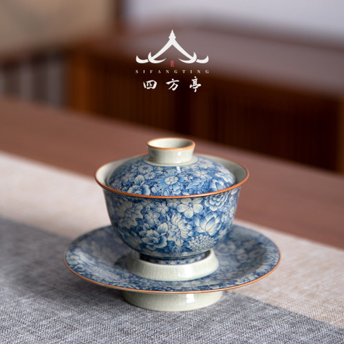 四方亭青花瓷三才蓋碗斗笠茶杯單個高檔陶瓷茶碗茶具套裝防燙泡茶