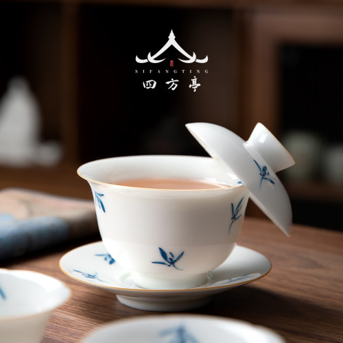 手繪蘭花蓋碗三才茶杯茶碗不燙手景德鎮泡茶單個高檔白瓷茶具套裝