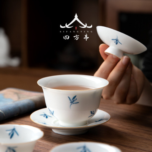 手繪蘭花蓋碗三才茶杯茶碗不燙手景德鎮泡茶單個高檔白瓷茶具套裝